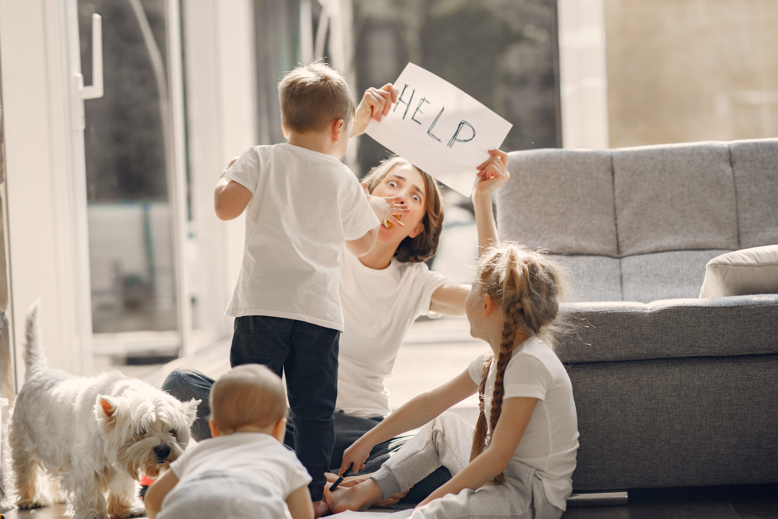 Mother with children stay at home on quarantine