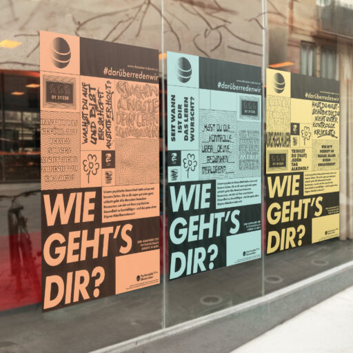 Mockup der Plakaktkampagne. Auf einer Glas-Auslage sind drei Plakate der Kampagne in unterschiedlichen Farben angebracht.